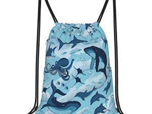 حقيبة ظهر Whale Shark Waves Dolphins Sea برباط للرجال والنساء حقائب رياضية من النايلون حقيبة ظهر مقاومة للماء مع جيوب للبنات والأولاد والسباحة والرياضة المدرسية والتسوق واليوغا