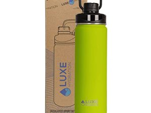 زجاجة رياضية Luxe Hydration 22 أونصة ثلاثية الجدران معزولة بالشفط - قارورة واسعة الفم - خارجية ناعمة الملمس ، 18/8 من الفولاذ المقاوم للصدأ ، غطاء رياضي مانع للتسرب مع مقبض (توهج أخضر)