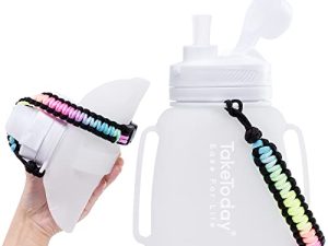 زجاجة مياه تحفيزية قابلة للطي من TakeToday مع مصاصة ومقبض Paracord 1.2 لتر 40 أونصة قابلة لإعادة الاستخدام من السيليكون للرياضات مع علامات للوقت زجاجات مياه كبيرة مانعة للتسرب لممارسة اليوجا في الهواء الطلق