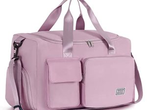 FIORETTO Womens Sports Gym Duffle Bag مع مقصورة للأحذية ، حقيبة سفر ليلية للنساء ، حقيبة مستشفى Holdall مقاومة للماء قابلة للطي للسباحة ، كرة السلة باللون الوردي