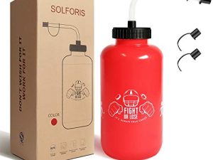 زجاجات مياه SolForis Hockey مع مصاصة طويلة ، مناسبة لكرة القدم Lacrosse Gym Sport ، بلاستيك قابل للعصر مانع للتسرب وخالي من BPA ، بدون رائحة غريبة ، سهل التنظيف ، 1 لتر 32 أونصة (3 أغطية مصاصة) (أحمر)