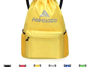 حقيبة ظهر Aokelato برباط 20L String Sport Gym مع حقيبة daypack المبللة للنساء والرجال صفراء كبيرة