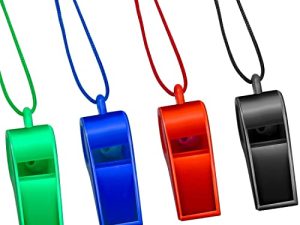 Arbootjin Whistle ، 4 عبوات من صفارات الطوارئ البلاستيكية صفارات الطوارئ الرياضية مع صفارة الحبل بصوت عالٍ للغاية للمدرب ، رائعة للمدربين والحكام والمسؤولين (4 ألوان)