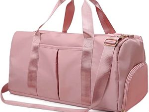 Suruid Sports Gym Bag Travel Duffel Bag for Women and Men Waterproof Weekender Overnight Tote حمل على حقيبة مع مقصورة للأحذية وجيب مبلل حزام خفيف الوزن قابل للتعديل - وردي