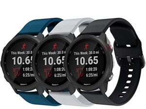 GOSETH متوافق مع Garmin Forerunner 245 / Vivomove Sport (Venu 2 Plus 43mm) حزام 20 ملم ، حزام معصم بديل من السيليكون لفرقة Forerunner 245 للموسيقى (أزرق داكن + رمادي + أسود)