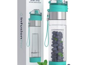 زجاجة ماء Infusion Pro Fruit Infusion رياضية (24 أونصة) - تتضمن غلاف عازل من النيوبرين وحزام حمل وغطاء قفل - تصميم مقاوم للتسرب للعمل والسفر وصالة الألعاب الرياضية - خالٍ من مادة BPA ، بلاستيك غير سام