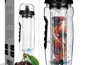 زجاجة مياه AquaFrut 32 OZ لتنقع الفاكهة خالية من BPA - غطاء علوي قابل للطي مع صنبور للشرب ، مانعة للتسرب ، مصنوعة من Tritan متين. وصفة مجانية الكتاب الاليكترونى! (أسود)