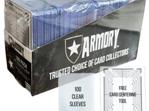 حماة حاملي بطاقات التداول ذات التحميل العلوي من ARMORY 100 حزمة | تتضمن أداة تمركز البطاقة و 100 أكمام شفافة | فائقة الوضوح | Pro ، البيسبول ، التجارة ، الرياضة ، Toploader