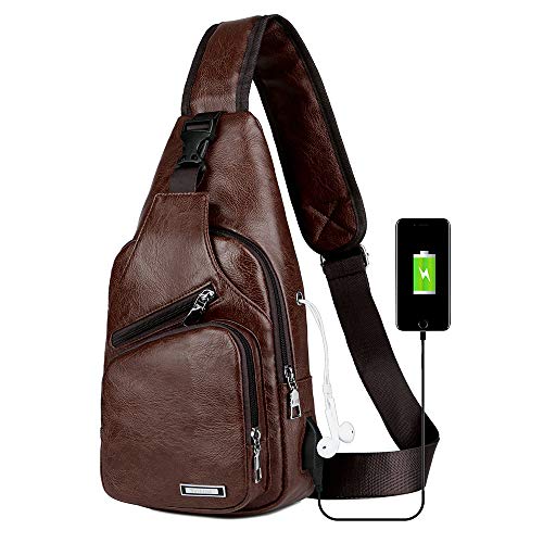 Peicees Leather Sling Bag رجالي Crossbody Bag Chest Bag Sling Backpack for Men with USB Charge Port Peicees Leather Sling Bag رجالي Crossbody Bag Chest Bag Sling Backpack for Men with USB Charge Port